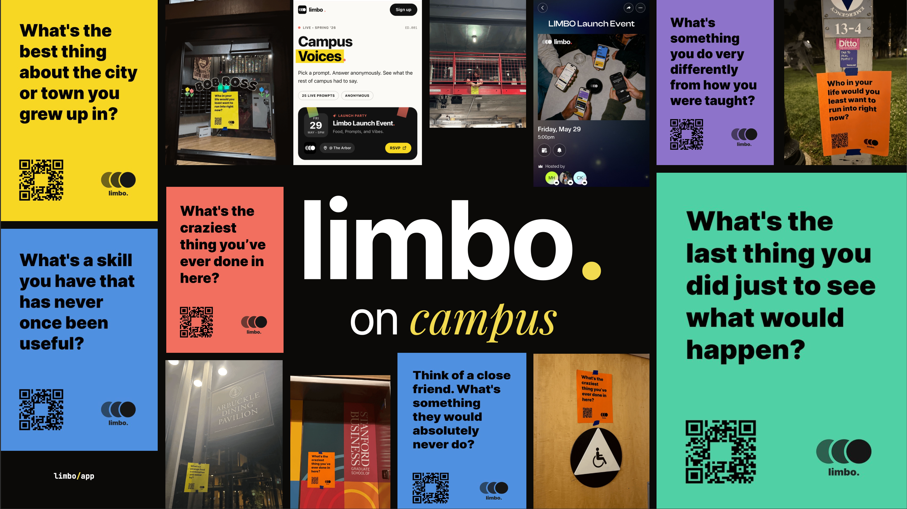 'Limbo on campus' launch collage — bright high-contrast prompt posters with QR codes taped across graduate residences, dining halls, restrooms, and light poles, alongside the in-app Campus Voices live-prompt screen and launch event page.
